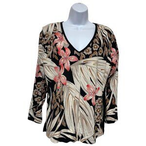 Women's Large Pullover Top V-Neck Beads & Sequins Floral Design By-LA Blend